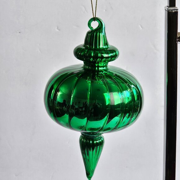 Handblown Green Glass Ornament – 5.75" Tall x 3.5" Wide – Vintage Style Holiday - Picture 2 of 8